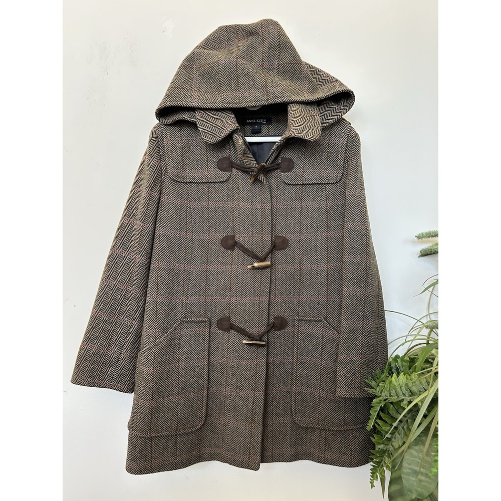 Anne Klein Herringbone Wool Duffle Coat Plaid Hooded Toggle Jacket 12 Academia